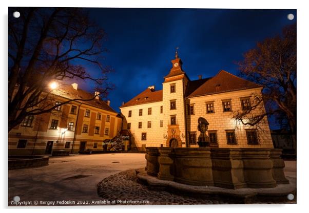 Winter night at the Courtyard of Trebon Castle - Czech Republic. Acrylic by Sergey Fedoskin