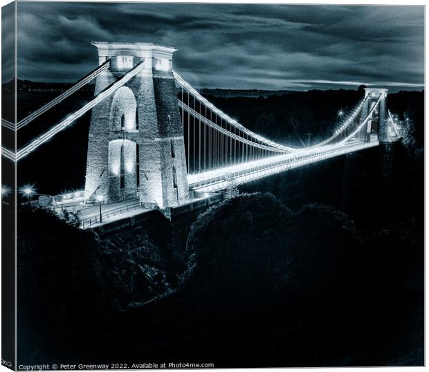 Clifton Suspension Bridge Illuminated At Night Canvas Print by Peter Greenway