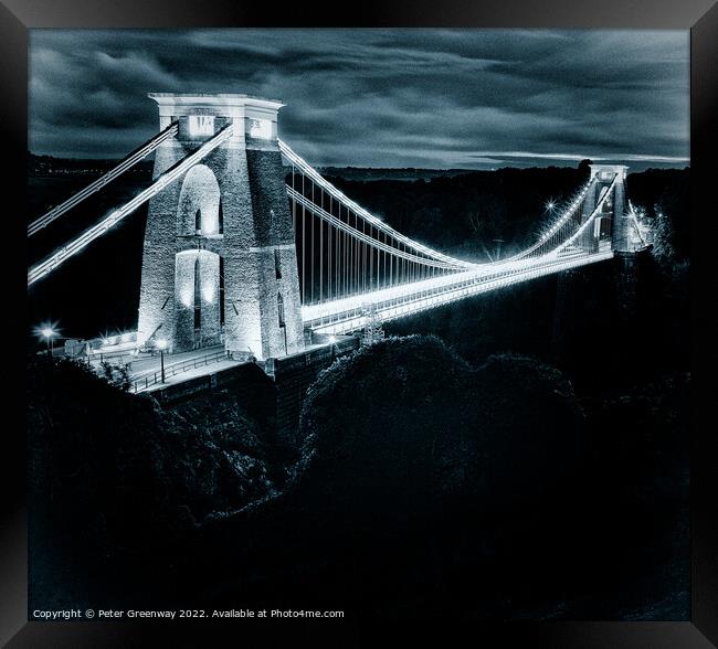 Clifton Suspension Bridge Illuminated At Night Framed Print by Peter Greenway