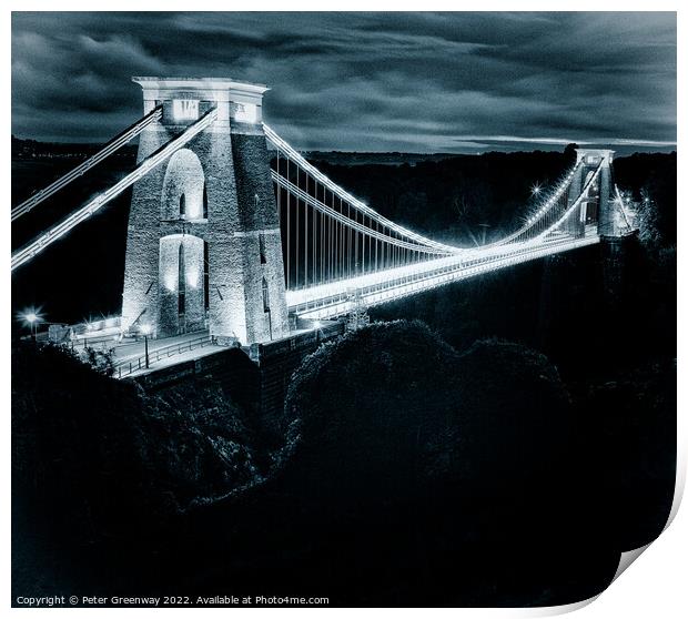 Clifton Suspension Bridge Illuminated At Night Print by Peter Greenway