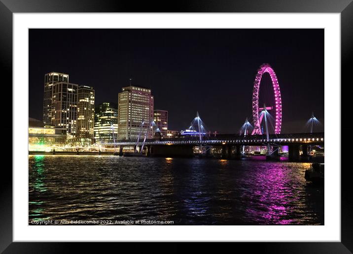 London view from side of river Thames at night Framed Mounted Print by Ann Biddlecombe
