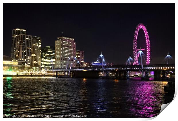 London view from side of river Thames at night Print by Ann Biddlecombe