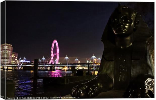 Night view from Victoria Embankment towards the Lo Canvas Print by Ann Biddlecombe