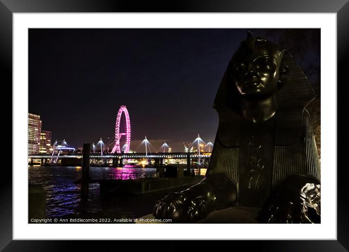 Night view from Victoria Embankment towards the Lo Framed Mounted Print by Ann Biddlecombe