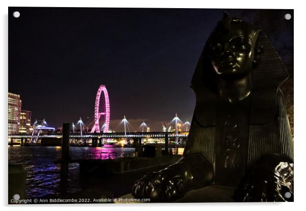 Night view from Victoria Embankment towards the Lo Acrylic by Ann Biddlecombe