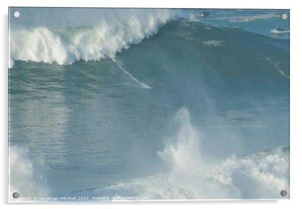 Surfer on a XXL wave at Nazare Portugal Acrylic by Jonathan Mitchell