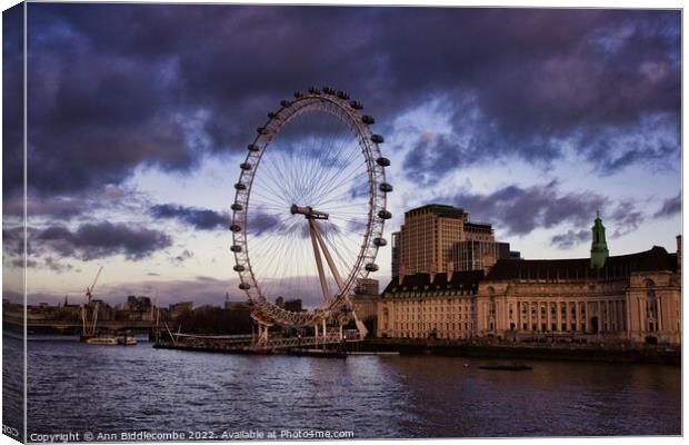 London eye a view on a cloudy day Canvas Print by Ann Biddlecombe