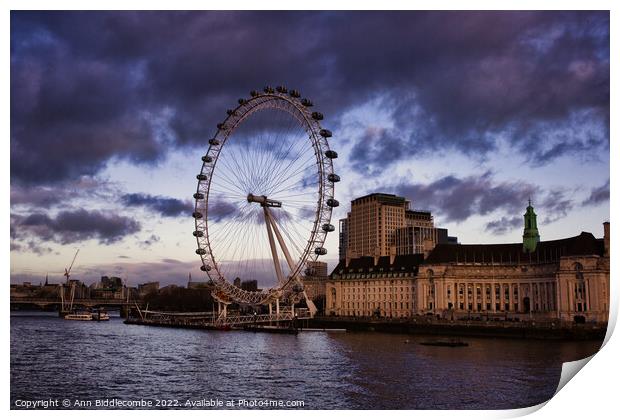 London eye a view on a cloudy day Print by Ann Biddlecombe