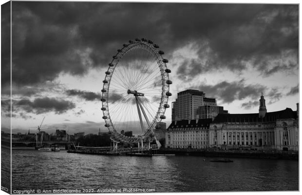 Monochrome London eye a view on a cloudy day Canvas Print by Ann Biddlecombe
