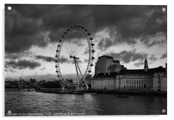 Monochrome London eye a view on a cloudy day Acrylic by Ann Biddlecombe