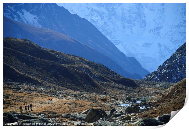 Trekkers in the Gokyo Valley Everest Himalaya Nepal Print by Jonathan Mitchell