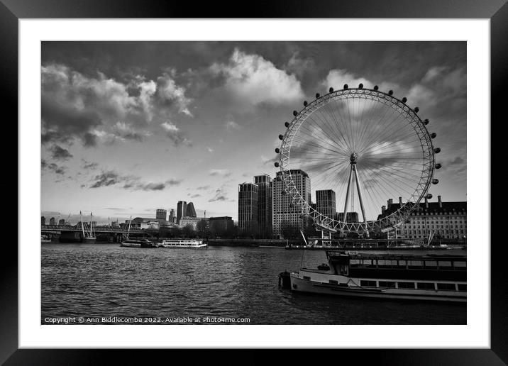 Monochrome the London eye and boats on the Thames Framed Mounted Print by Ann Biddlecombe