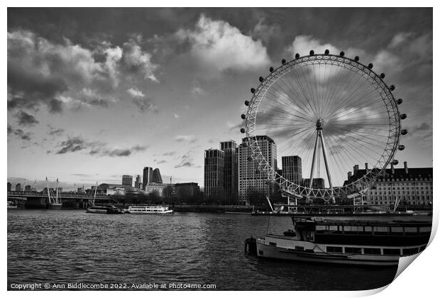 Monochrome the London eye and boats on the Thames Print by Ann Biddlecombe