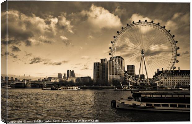 London eye and boats on the Thames in Sepia Canvas Print by Ann Biddlecombe