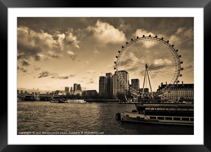 London eye and boats on the Thames in Sepia Framed Mounted Print by Ann Biddlecombe