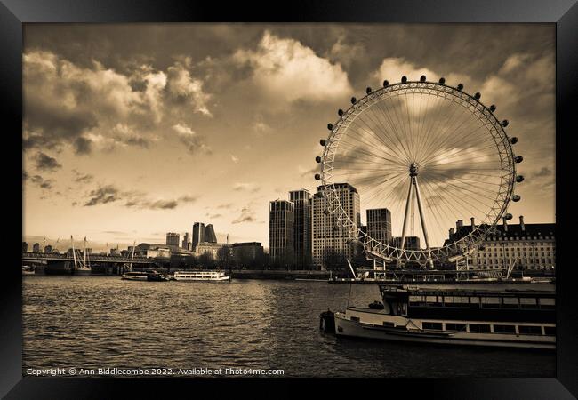 London eye and boats on the Thames in Sepia Framed Print by Ann Biddlecombe