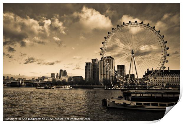 London eye and boats on the Thames in Sepia Print by Ann Biddlecombe
