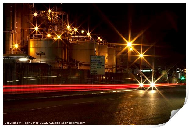 Industry at night slow shutter speed light trails  Print by Helen Jones