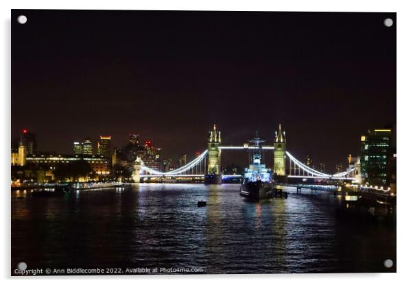 Tower bridge from London Bridge at night Acrylic by Ann Biddlecombe