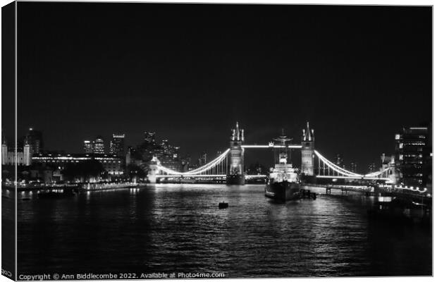 Black and white Tower bridge from London Bridge at Canvas Print by Ann Biddlecombe