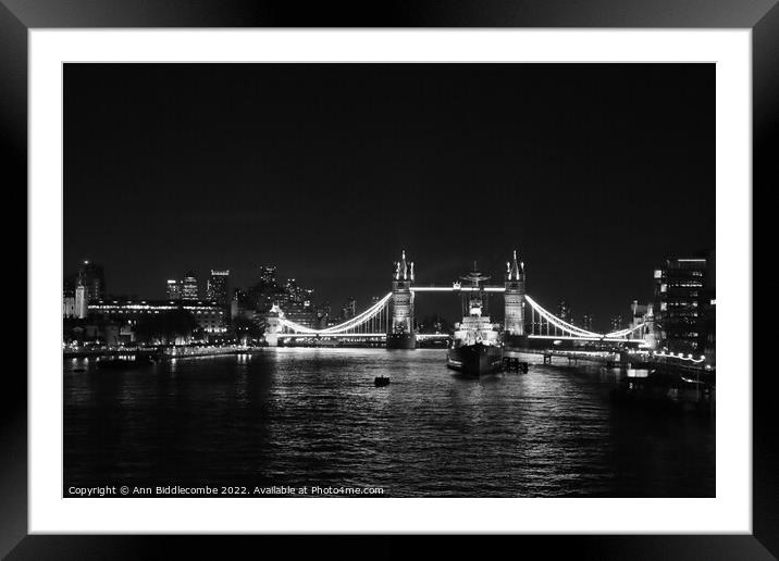 Black and white Tower bridge from London Bridge at Framed Mounted Print by Ann Biddlecombe