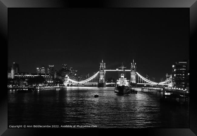 Black and white Tower bridge from London Bridge at Framed Print by Ann Biddlecombe
