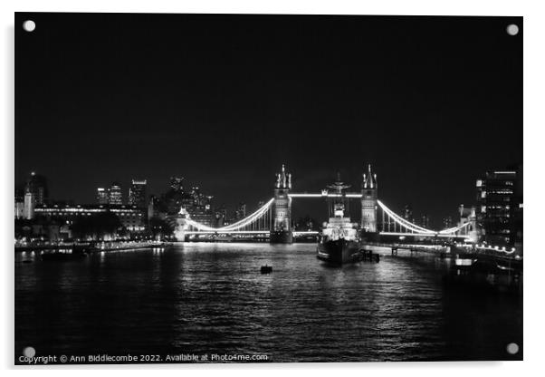Black and white Tower bridge from London Bridge at Acrylic by Ann Biddlecombe