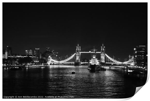 Black and white Tower bridge from London Bridge at Print by Ann Biddlecombe