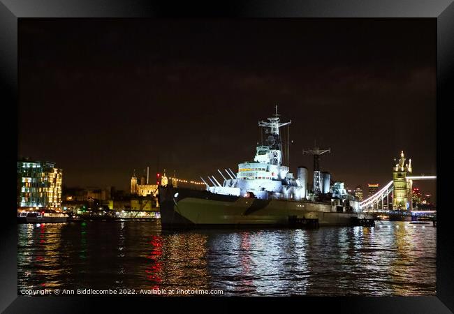 HMS Belfast on the Thames near Tower bridge Framed Print by Ann Biddlecombe