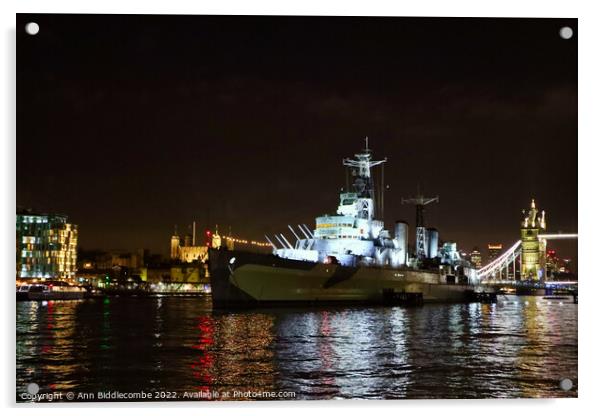 HMS Belfast on the Thames near Tower bridge Acrylic by Ann Biddlecombe