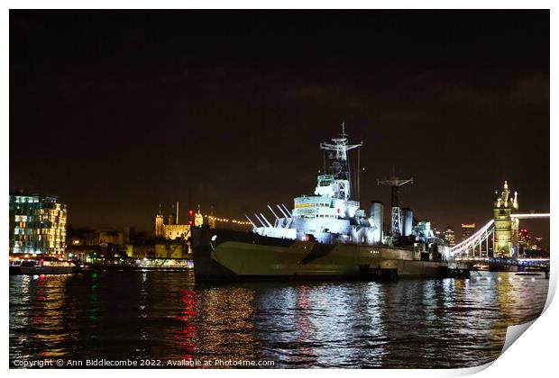 HMS Belfast on the Thames near Tower bridge Print by Ann Biddlecombe