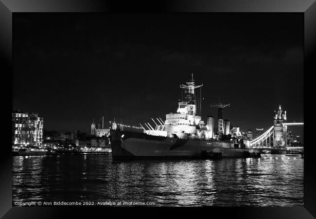 Black and white HMS Belfast on the Thames near Tow Framed Print by Ann Biddlecombe
