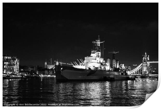 Black and white HMS Belfast on the Thames near Tow Print by Ann Biddlecombe