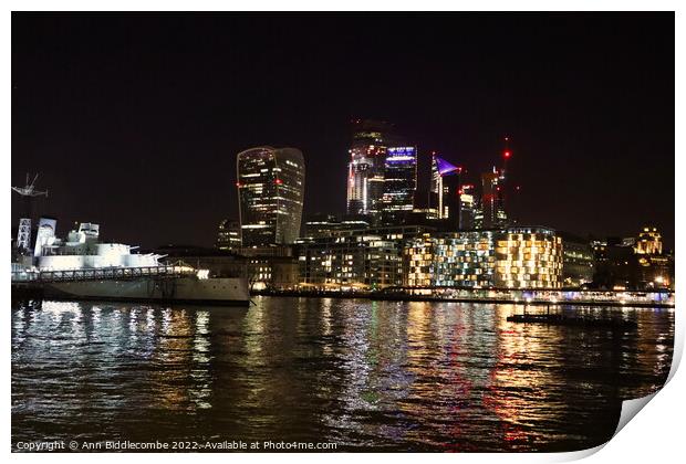 Reflections near Tower bridge Print by Ann Biddlecombe