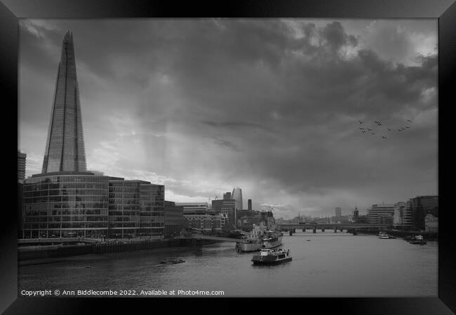 Monochrome View from Tower bridge just one of the  Framed Print by Ann Biddlecombe