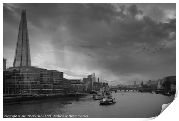Monochrome View from Tower bridge just one of the  Print by Ann Biddlecombe