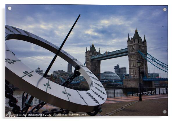 Sundial with tower bridge Acrylic by Ann Biddlecombe