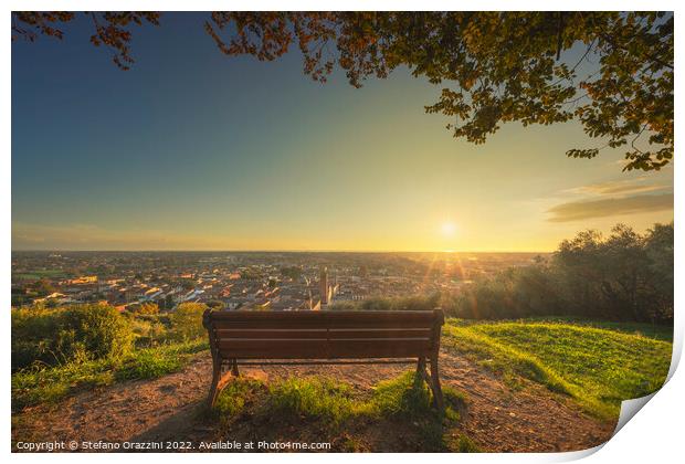 Bench and Pietrasanta panoramic view at sunset, Versilia, Lucca, Print by Stefano Orazzini