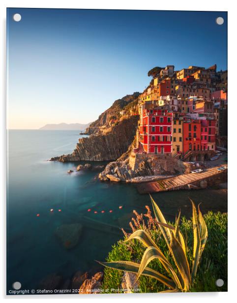 Riomaggiore town, cape and sea at sunset. Cinque Terre, Liguria, Acrylic by Stefano Orazzini