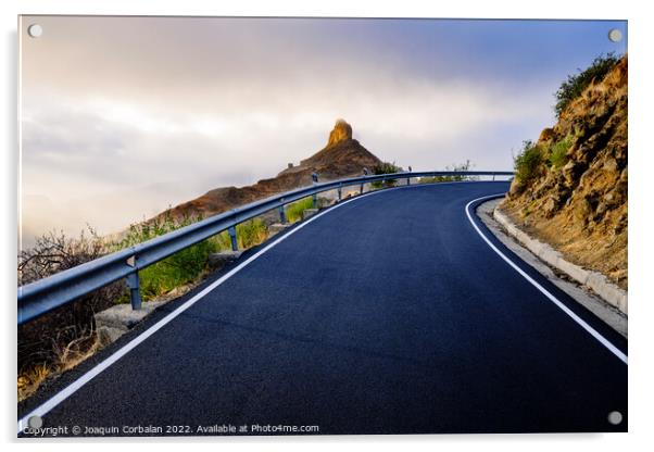 A mountain road approaches the famous Roque Bentayga through the Acrylic by Joaquin Corbalan