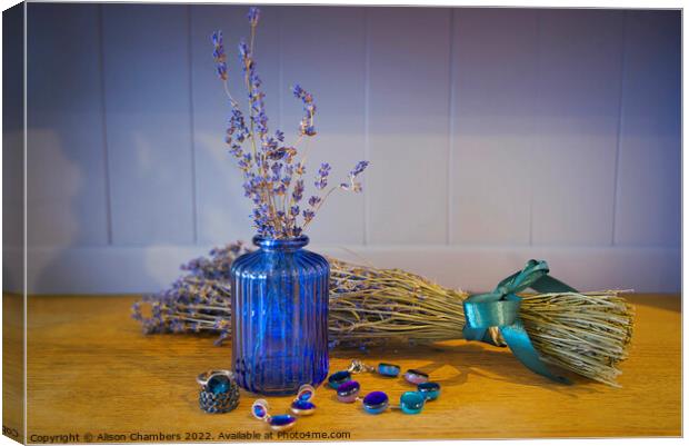 Lavender Blue Still Life Canvas Print by Alison Chambers