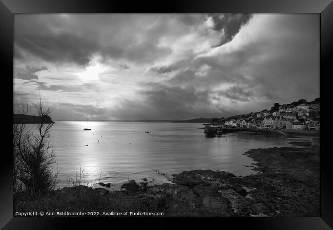 Monochrome St Mawes under cloudy Skys Framed Print by Ann Biddlecombe