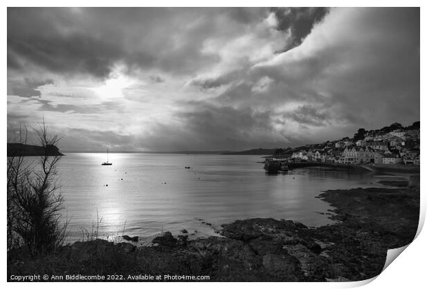 Monochrome St Mawes under cloudy Skys Print by Ann Biddlecombe