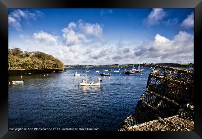 Mylor Harbour from the side Framed Print by Ann Biddlecombe