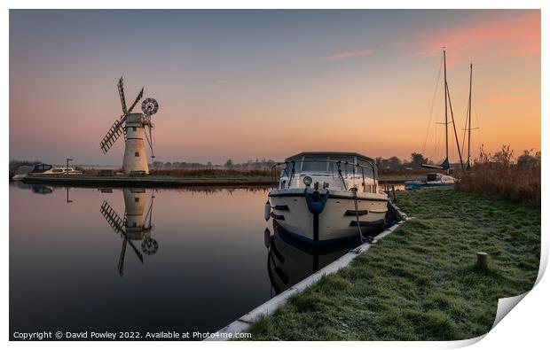 Winter Sunrise Over Thurne Mill Print by David Powley