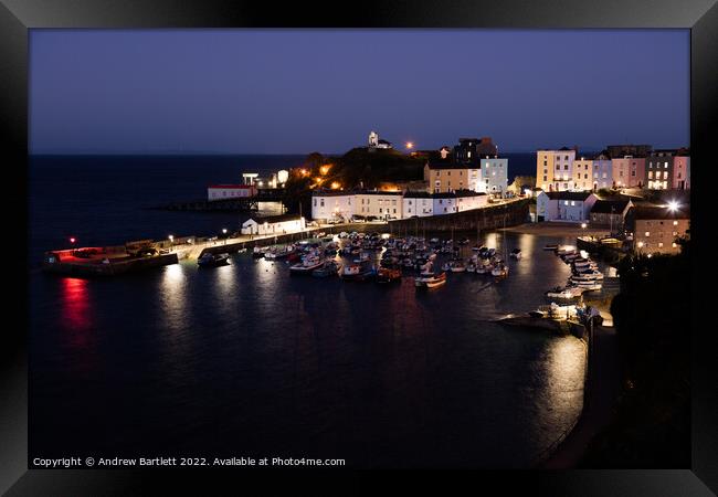 Tenby Harbour at night, West Wales UK. Framed Print by Andrew Bartlett