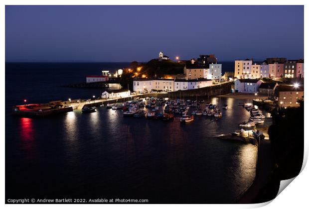 Tenby Harbour at night, West Wales UK. Print by Andrew Bartlett