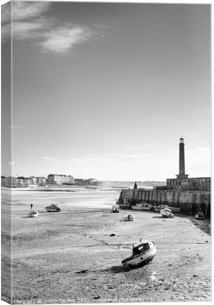 The beach and Harbour Arm at Margate, Kent Canvas Print by Justin Foulkes