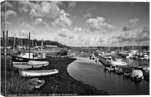 Monochrome Mylor port harbour with the tide out Canvas Print by Ann Biddlecombe