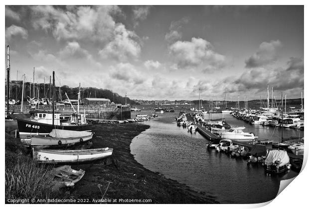 Monochrome Mylor port harbour with the tide out Print by Ann Biddlecombe